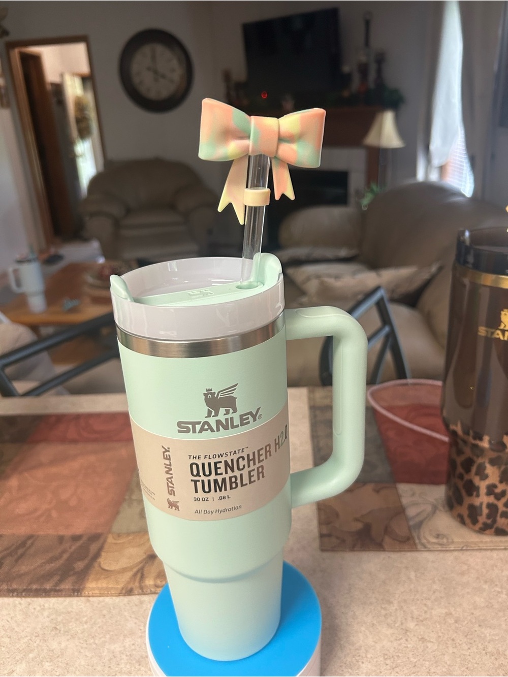 Stanley Mint Green Travel Tumbler with Straw Bow